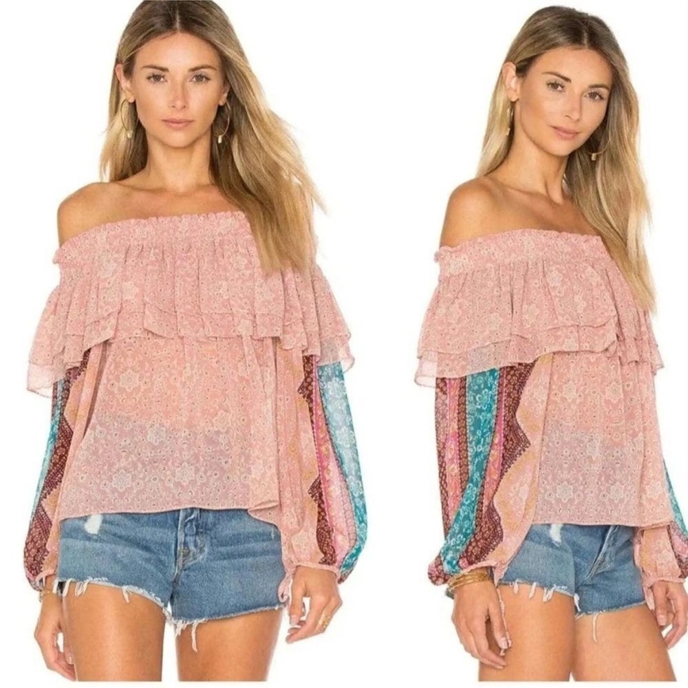 Misa Los Angeles Floral off Shoulder Blouse Top Pink Teal Size XS